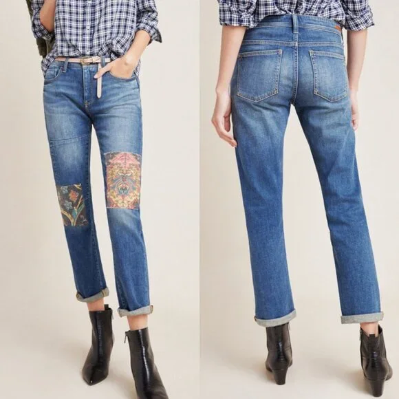 Pilcro Anthropologie Tapestry Patchwork Mid-Rise Slim Boyfriend Jeans, 27 - Picture 2 of 14